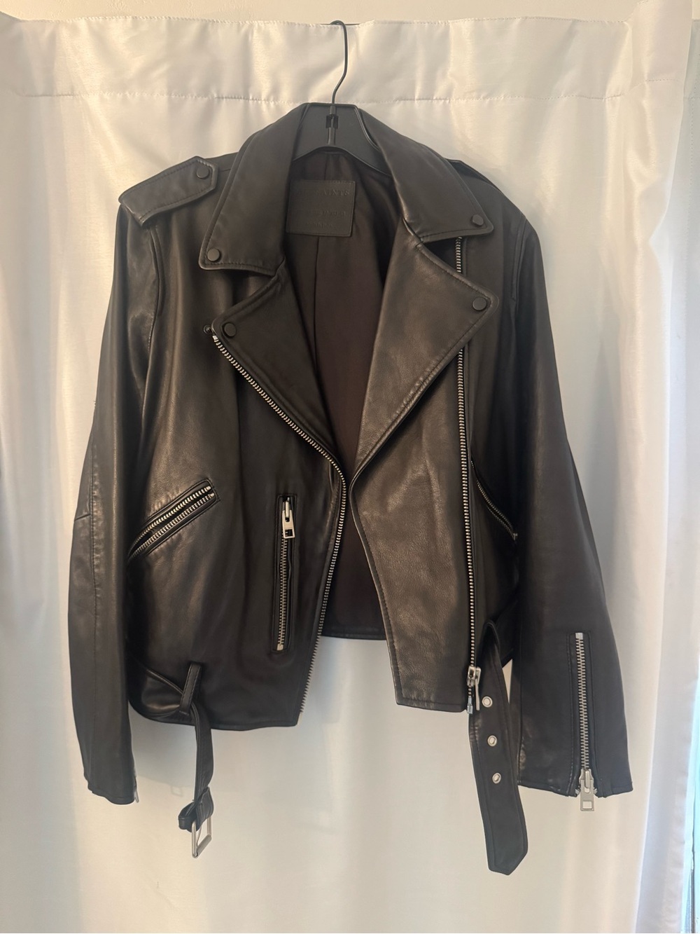 Like new AllSaints Black Leather Biker Jacket with Silver Hardware